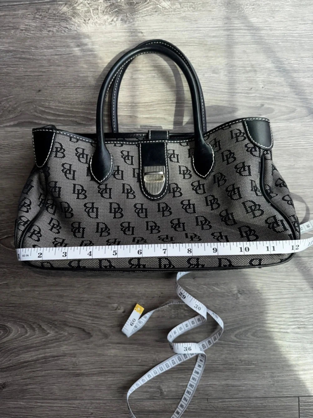 Dooney & Bourke DB Monogram Satchel Black Grey Canvas Leather Trim Shoulder Bag